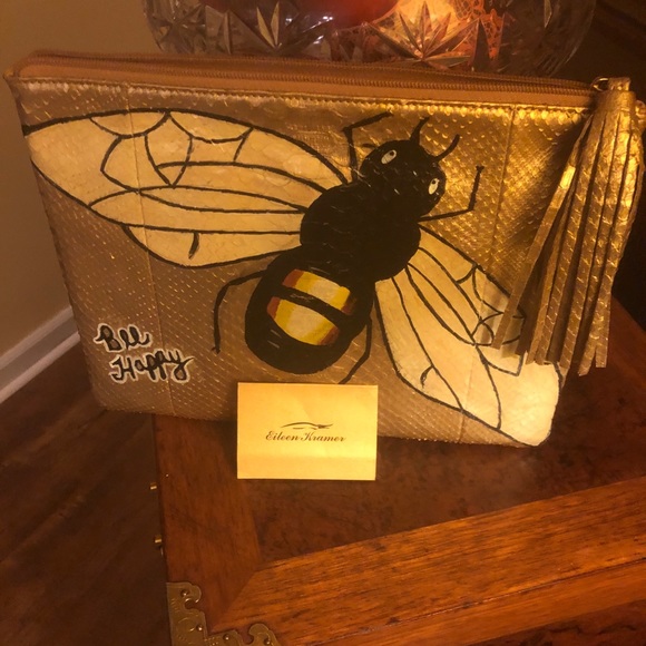 Eileen Kramer Gold Metallic Bee Happy Clutch NWOT - Picture 6 of 8